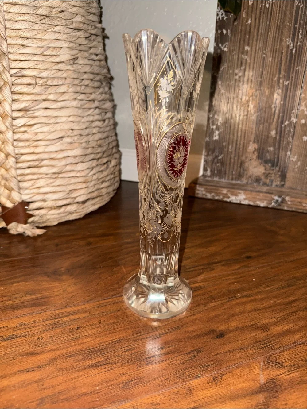 Vintage Bohemian Czech Crystal Vase Ruby Flash Gold Gilt Floral 10” Vase (Rare)